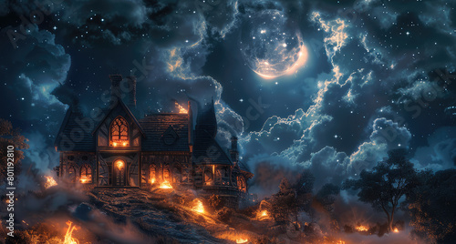 A stream of clouds and wood fires around the medieval house. with the moon and stars in the night sky. Generative AI.