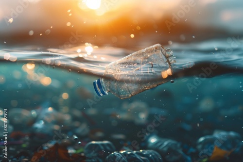 Plastic trash floating in the water. A plastic bottle floats on the surface of a body of water, posing a threat to marine life and the environment.