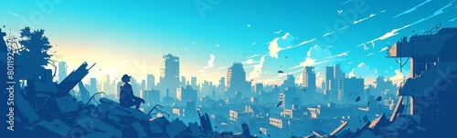 A city skyline with collapsed buildings and rubble, cartoon vector illustration, flat design. The background is light blue sky with clouds.