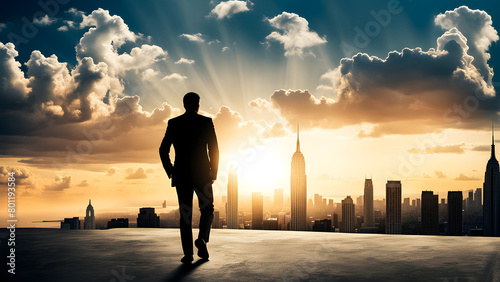 A business person carrying a business bag, under the sunset, there are white clouds in the sky, and the background is the city skyline. Illustrated by the concept of successful people striving for suc