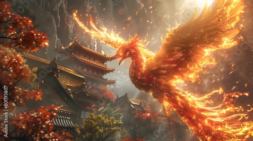 Powerful Phoenix of Japanese Legend Rises Amidst Ancient Pagodas Its Fiery Wings Outstretched in Majestic Splendor