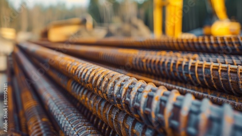 Close-up of rusty steel reinforcement bars at a construction site, focusing on the texture and patterns of corrosion and construction materials.