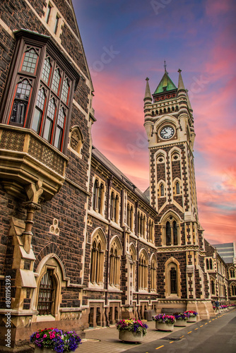 the clock tower building of University of Otago Dunedin New Zealand . A public research collegiate university based in Dunedin, founded in 1869.