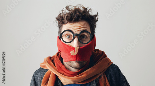 Man in funny disguise on white background. April fools