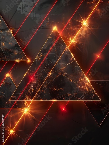 An abstract image of glowing triangles and red laser beams on a dark background.