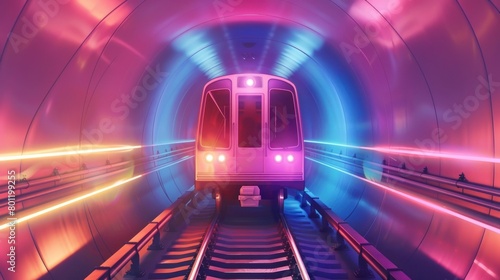 Train in a vibrant, illuminated transit tunnel