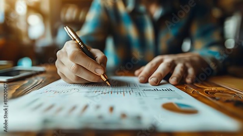 Financial planning at home, close-up on hands reviewing investment charts, personal finance management