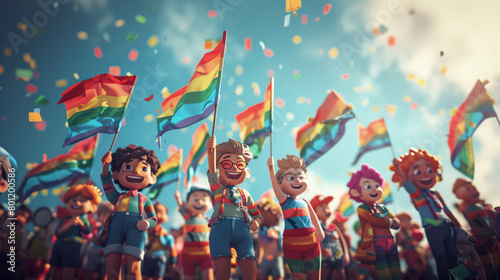 A joyful parade of diverse, smiling characters waving rainbow flags on pride month celebration