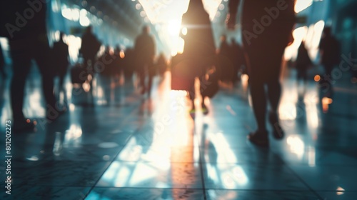 Airport terminal departure zone background with blurred people slow motion AI generative image