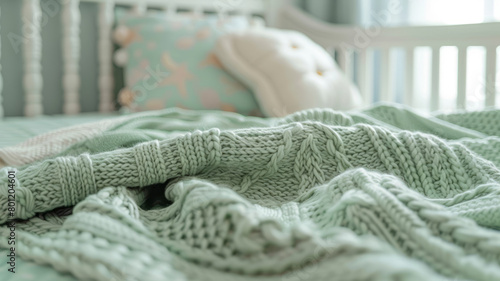 Green knitted blanket on a baby crib