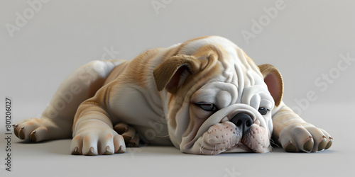 A bulldog with a white background and a black nose. 