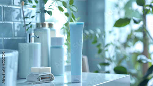 Bathroom counter with toiletries and plant