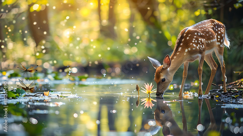 Deer drinking water from a quiet pond in the summer forest. Generative AI illustration 