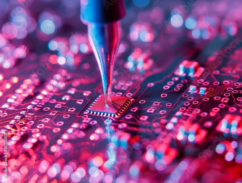 Close-up of a soldering iron on a circuit board illuminated by vibrant red and blue lights.