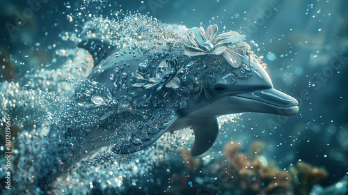 A beautiful dolphin swims through the ocean. The dolphin is surrounded by bubbles.