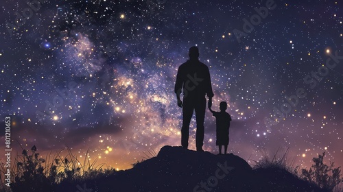a family of father and son standing on a boulder looking at the milkyway