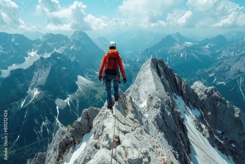 Mountain climber on an alpine ridge
