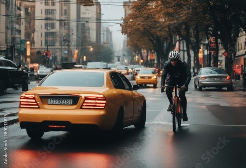 'city dangerous situation traffic car cyclist bicyclist road rain driving street rider town panning ride urban life violation accident old people overtake elderly mark'