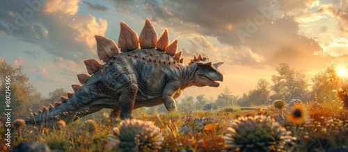 Vibrant D of a Stegosaurus Roaming the Jurassic Landscape