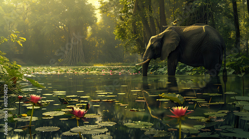 An elephant is drinking water from a quiet pond in the summer forest. Generative AI illustration 