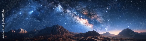 A beautiful landscape of a rocky moon with a starry night sky and a bright shining galaxy.