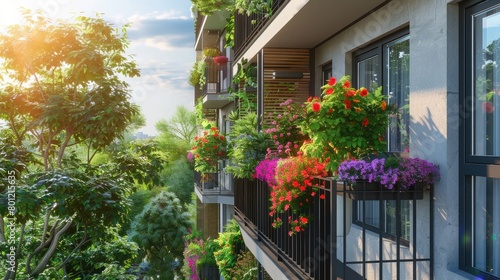 Residential condominium with balconies adorned with potted trees and flowering plants, blending nature with urban living.