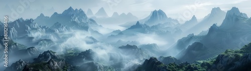 Panoramic landscape of a vast mountain range with fog and mist in the valleys. The mountains are covered in lush greenery and the sky is a light blue.