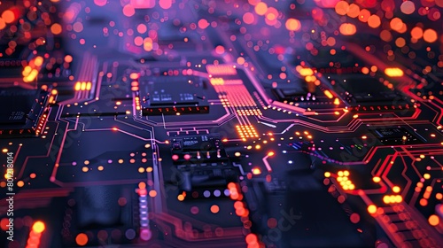 The image shows a close-up of a computer circuit board with glowing orange and purple lights.