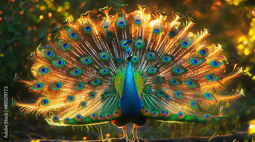 A majestic peacock flaunting its stunning iridescent plumage.