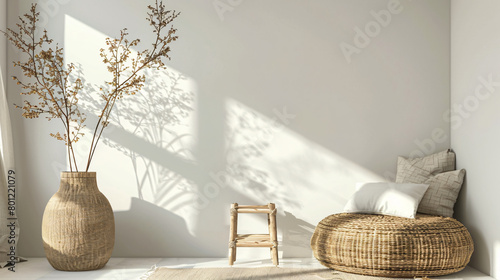 Vase with willow branches rattan pouf and stepladder white