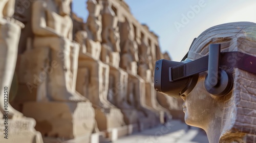 An ancient Egyptian statue wearing a virtual reality headset stands in front of the Colossi of Memnon.
