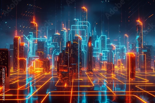 An abstract representation of a city. The city is depicted as a network of glowing lines and dots, with bright lights representing the energy and activity of the city.