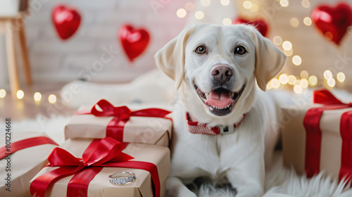 White dog with gift boxes and engagement ring at home.
