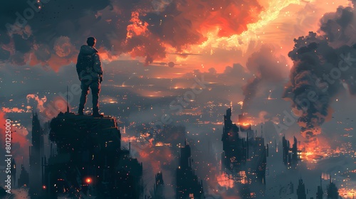 A lone observer stands atop a ruin, witnessing the cataclysmic spectacle of a city consumed by fiery destruction under a darkened sky.