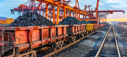 Coal transport wagon mining and export concept on blurred background with copy space