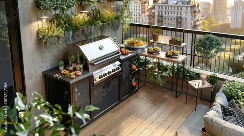 imagine a balcony transformed into a mini outdoor kitchen with a built-in grill, bar seating, and herb garden, ideal for alfresco dining and entertaining 