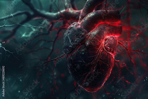 Human heart in transparent liquid, water background. Close up. Text space