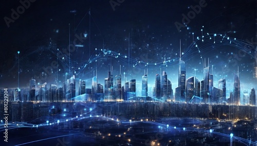 Smart city and big data connection technology concept with digital blue wavy wires with antennas on night megapolis city skyline background, double exposure 