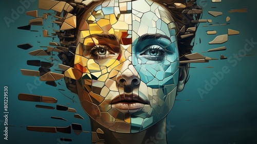 Creative digital artwork of a surreal self composed of fragmented mirror pieces reflecting various aspects of personality suitable for personal growth workshops or cover art