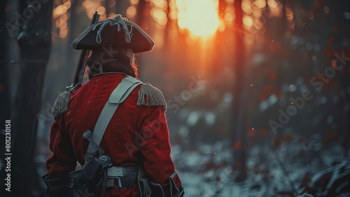 18th century English soldier in uniform in winter forest. View from back