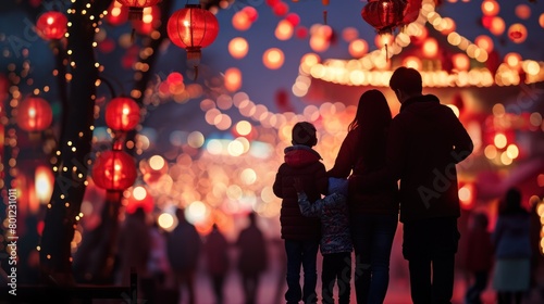 A happy family in lantern festival in street to celebrate Chinese lunar new year.