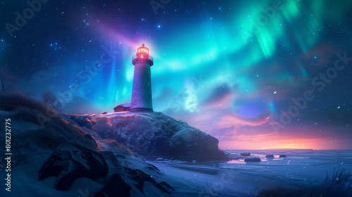 Lighthouse on cliff by sea with beautiful aurora northern lights in night sky in winter.