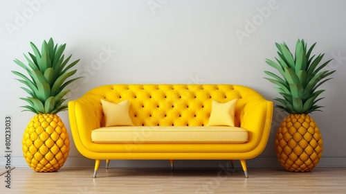 A yellow pineapple-shaped sofa with two matching pineapple-shaped ottomans in front of a white wall.