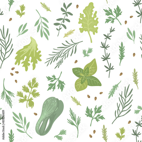 Seamless pattern with Spicy herbs. Textile Collection of culinary fresh herbs