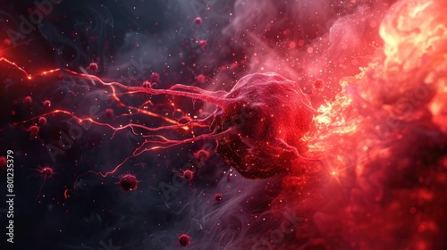 Cancer Cell Nucleus Pulsing with Powerful Red Energy Evoking Medical Innovation in Cinematic Light