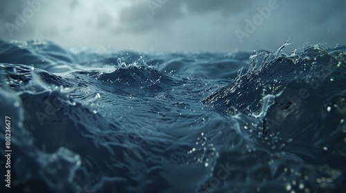 Dramatic close-up in high-resolution of the ocean's rising levels, captured cinematically against a deep blue setting, perfect for environmental films