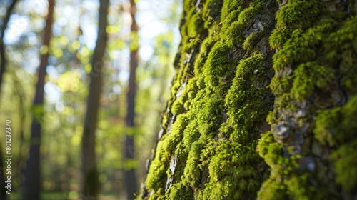Closeup view of moss growing on tree trunks in the forest on sunny day
