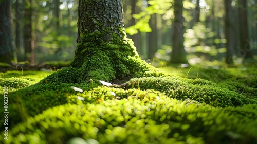 Closeup view of moss growing on tree trunks in the forest on sunny day