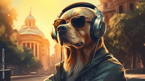 A golden retriever wearing sunglasses and headphones is sitting on a city street. The dog is looking at the camera with a confident expression.