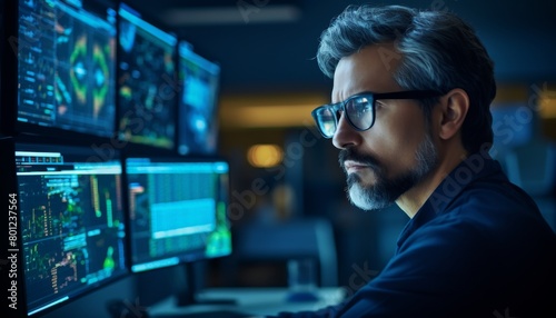 A malevolent hacker in glasses is looking at multiple computer screens with a menacing expression.